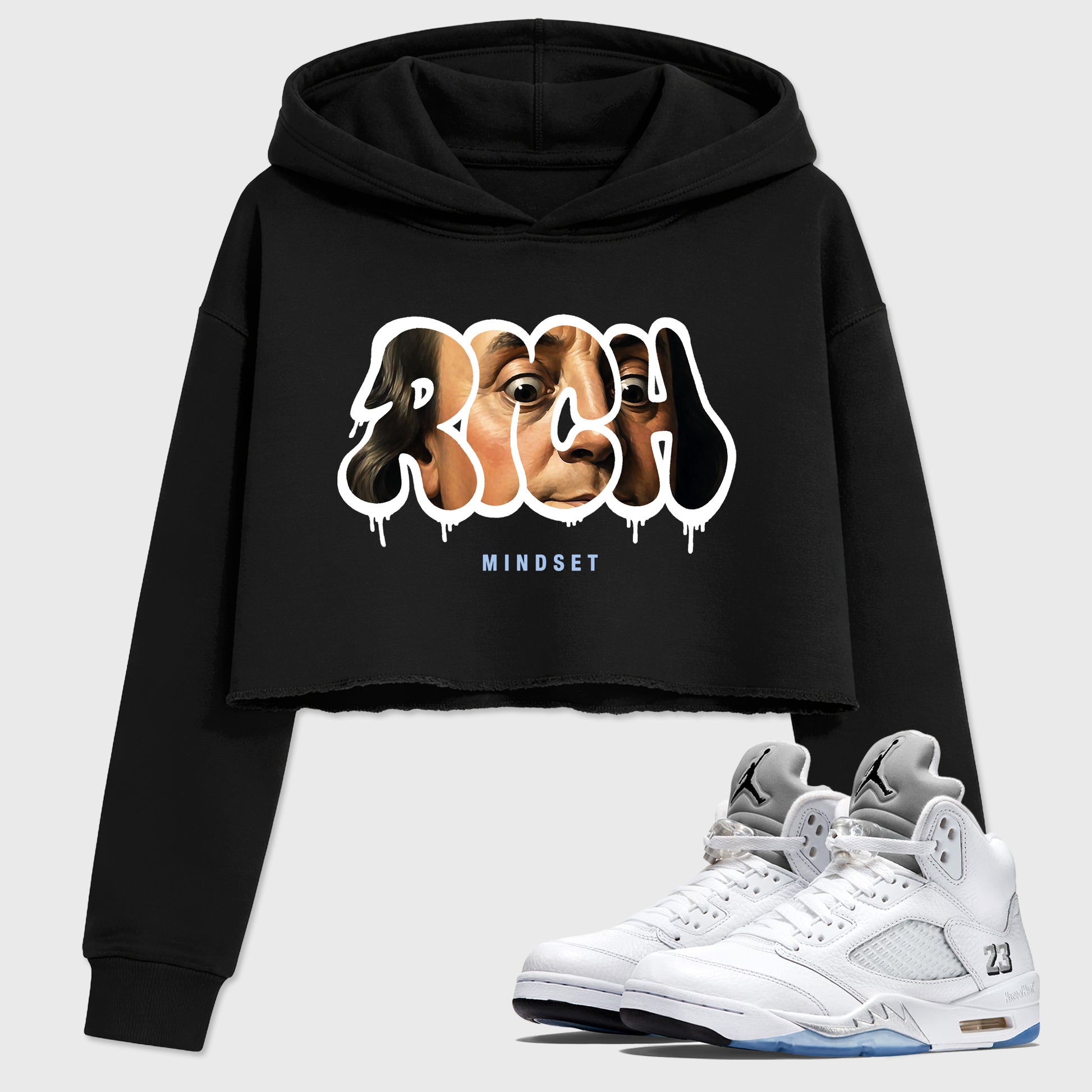 Sneaker match tees – Sneaker Tees To Match Air Jordan 5 White Metallic Shoes – Rich Mindset Crop T-Shirt Black 1