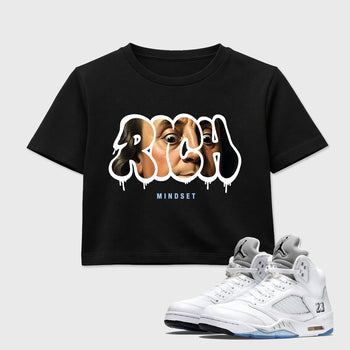 Sneaker match tees – Sneaker Tees To Match Air Jordan 5 White Metallic Shoes – Rich Mindset Crop T-Shirt Black 1