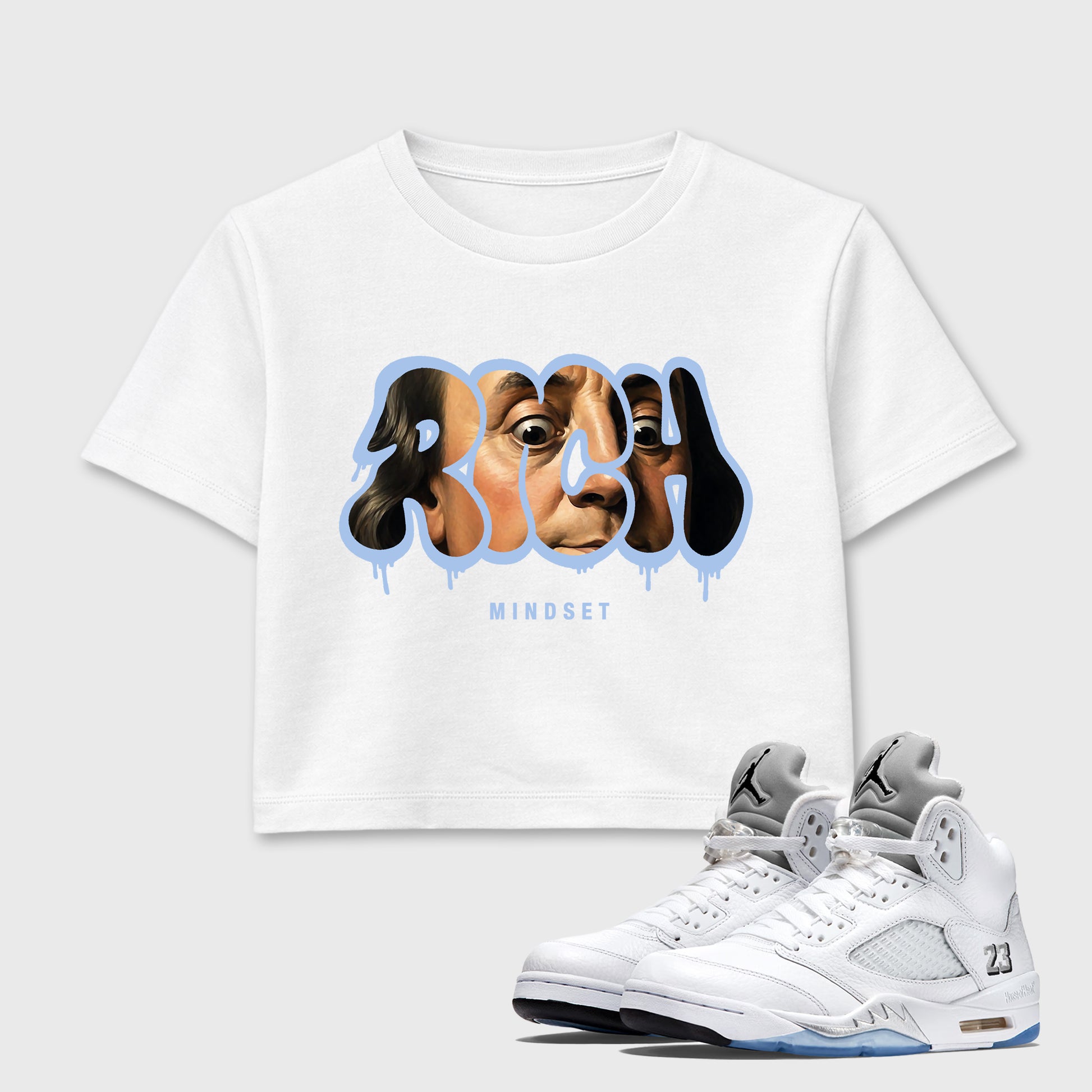 Sneaker match tees – Sneaker Tees To Match Air Jordan 5 White Metallic Shoes – Rich Mindset Crop T-Shirt White 1