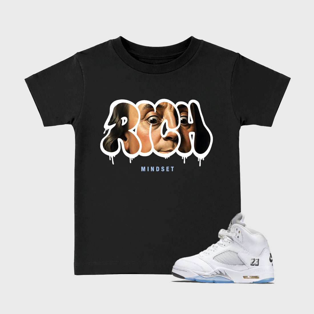 Sneaker match tees – Sneaker Tees To Match Air Jordan 5 White Metallic Shoes – Rich Mindset Kids T-Shirt Black 1