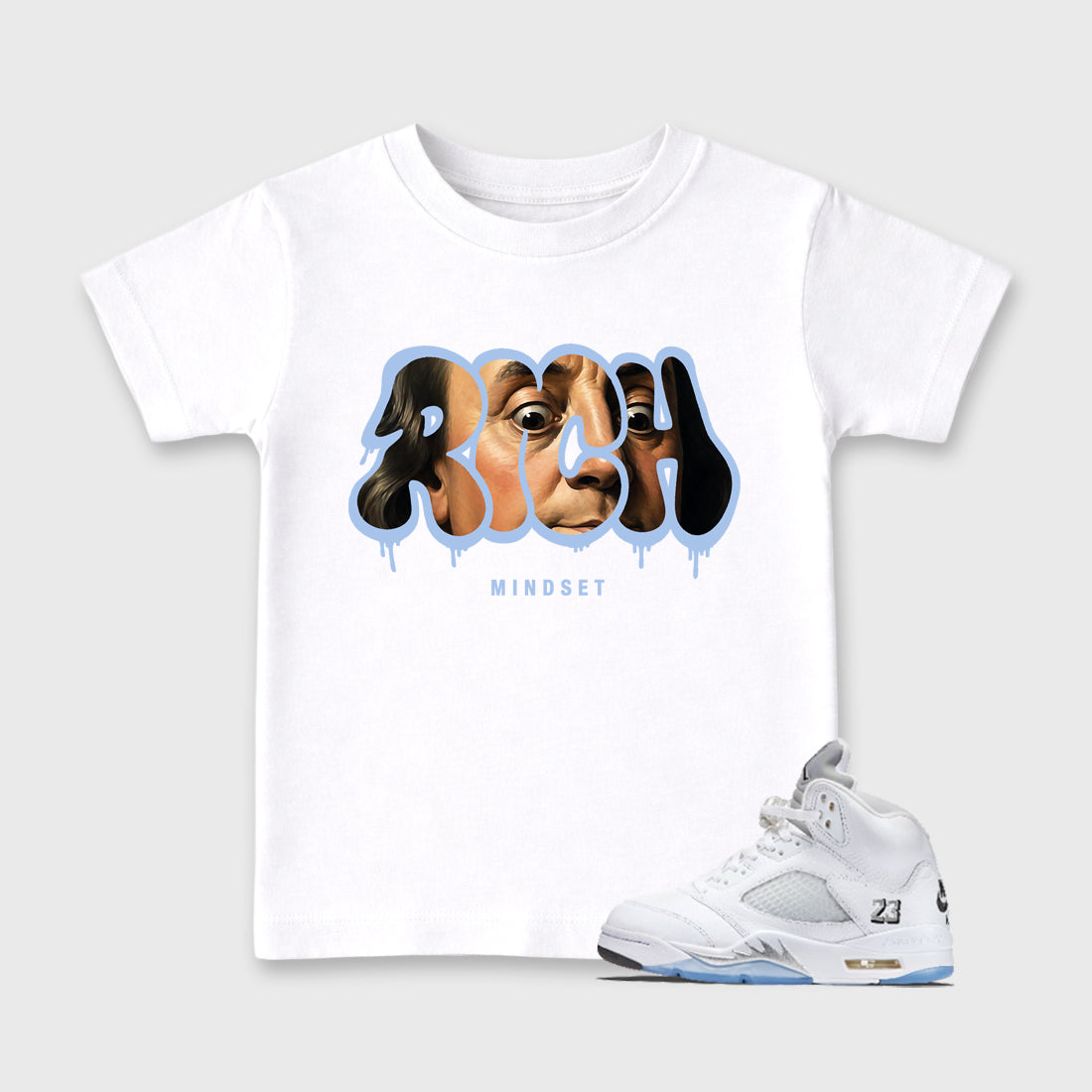 Sneaker match tees – Sneaker Tees To Match Air Jordan 5 White Metallic Shoes – Rich Mindset Kids T-Shirt White 1