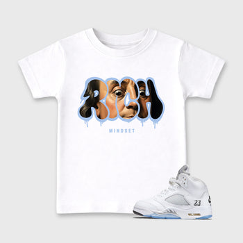 Sneaker match tees – Sneaker Tees To Match Air Jordan 5 White Metallic Shoes – Rich Mindset Kids T-Shirt White 1