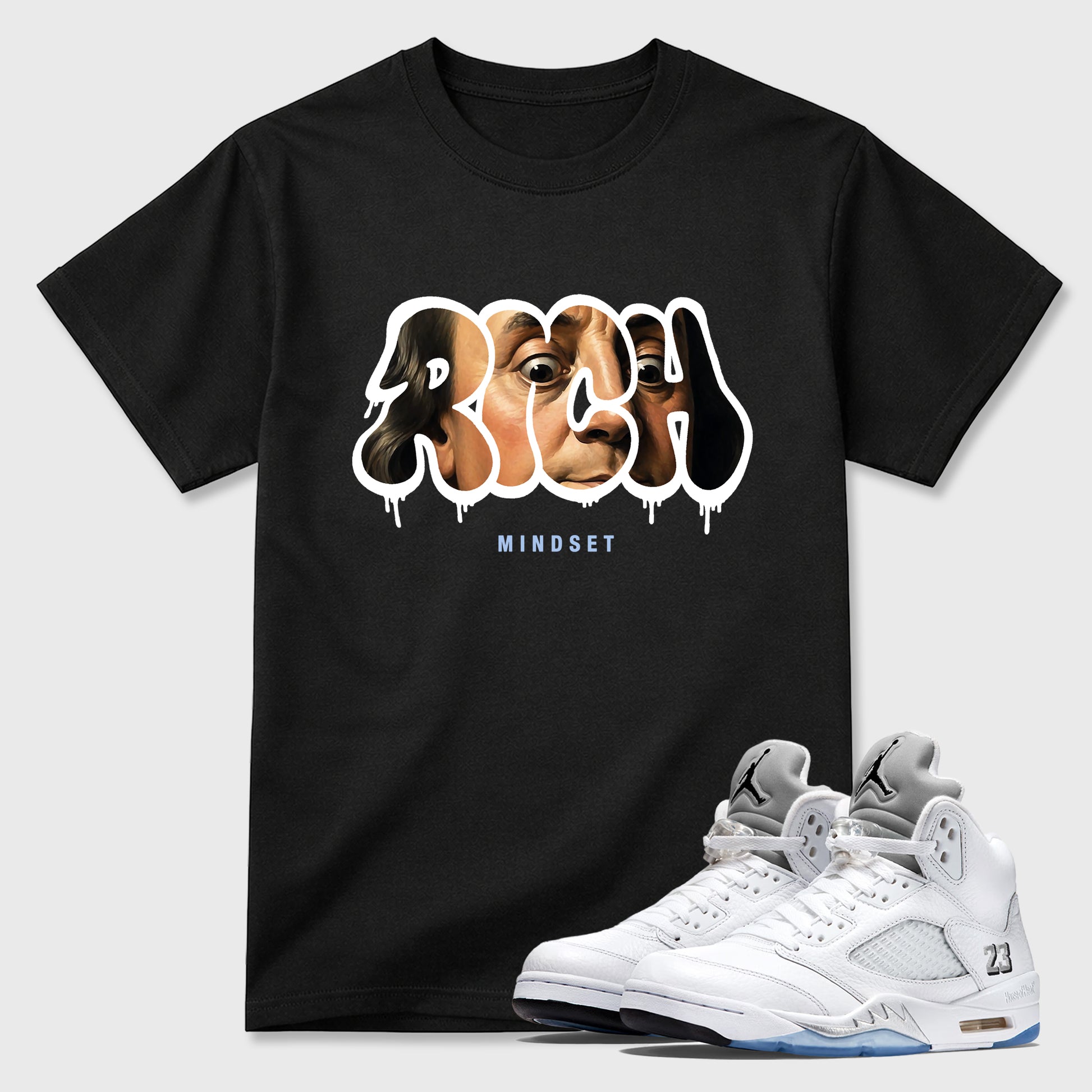 Sneaker match tees – Sneaker Tees To Match Air Jordan 5 White Metallic Shoes – Rich Mindset Tee Black 1