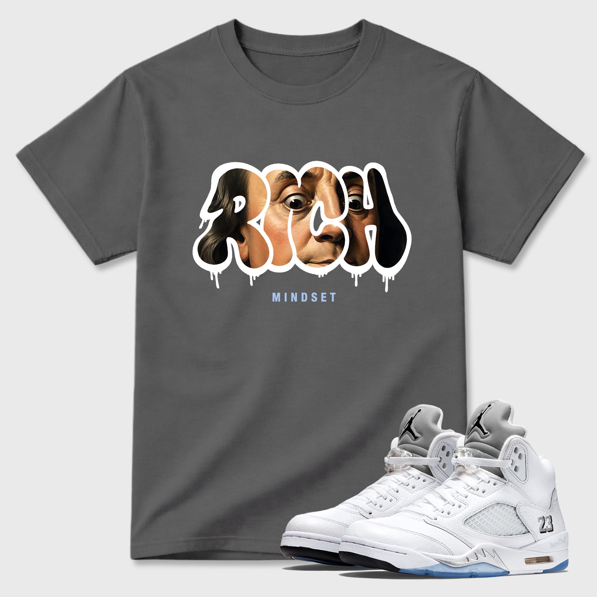 Sneaker match tees – Sneaker Tees To Match Air Jordan 5 White Metallic Shoes – Rich Mindset Tee Cool Grey 1