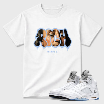 Sneaker match tees – Sneaker Tees To Match Air Jordan 5 White Metallic Shoes – Rich Mindset Tee White 1