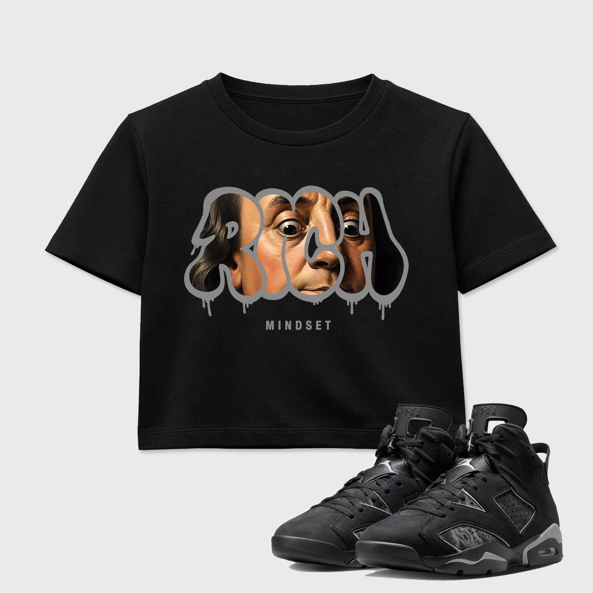 Sneaker match tees – Sneaker Tees To Match Air Jordan 6 Cap and Gown Shoes – Rich Mindset Crop T-Shirt Black 1