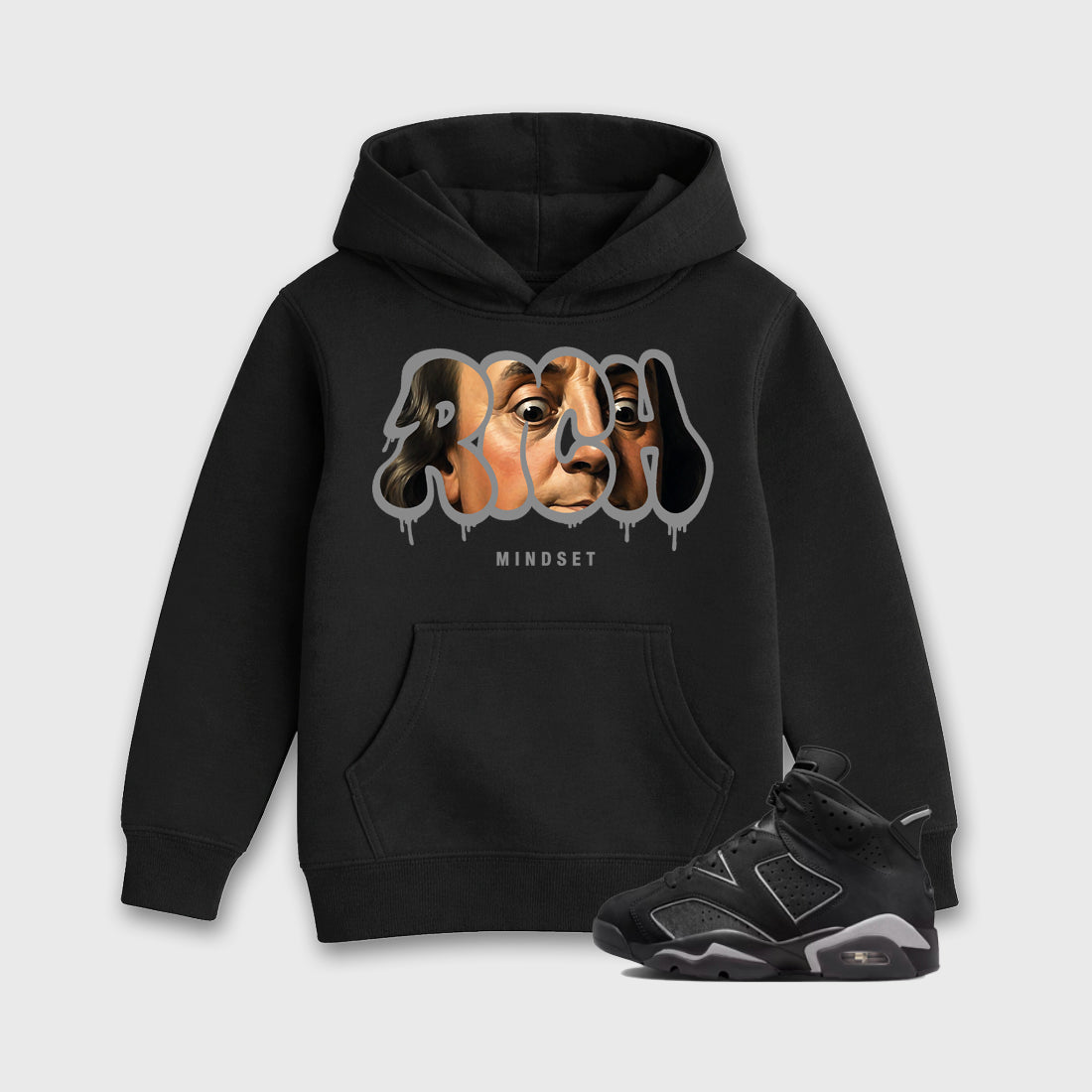 Sneaker match tees – Sneaker Tees To Match Air Jordan 6 Cap and Gown Shoes – Rich Mindset Kids T-Shirt Black 1