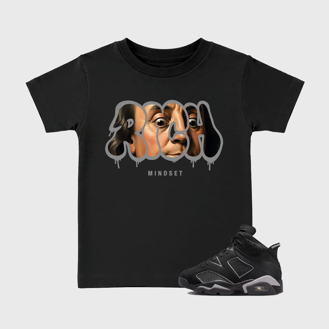 Sneaker match tees – Sneaker Tees To Match Air Jordan 6 Cap and Gown Shoes – Rich Mindset Kids T-Shirt Black 1