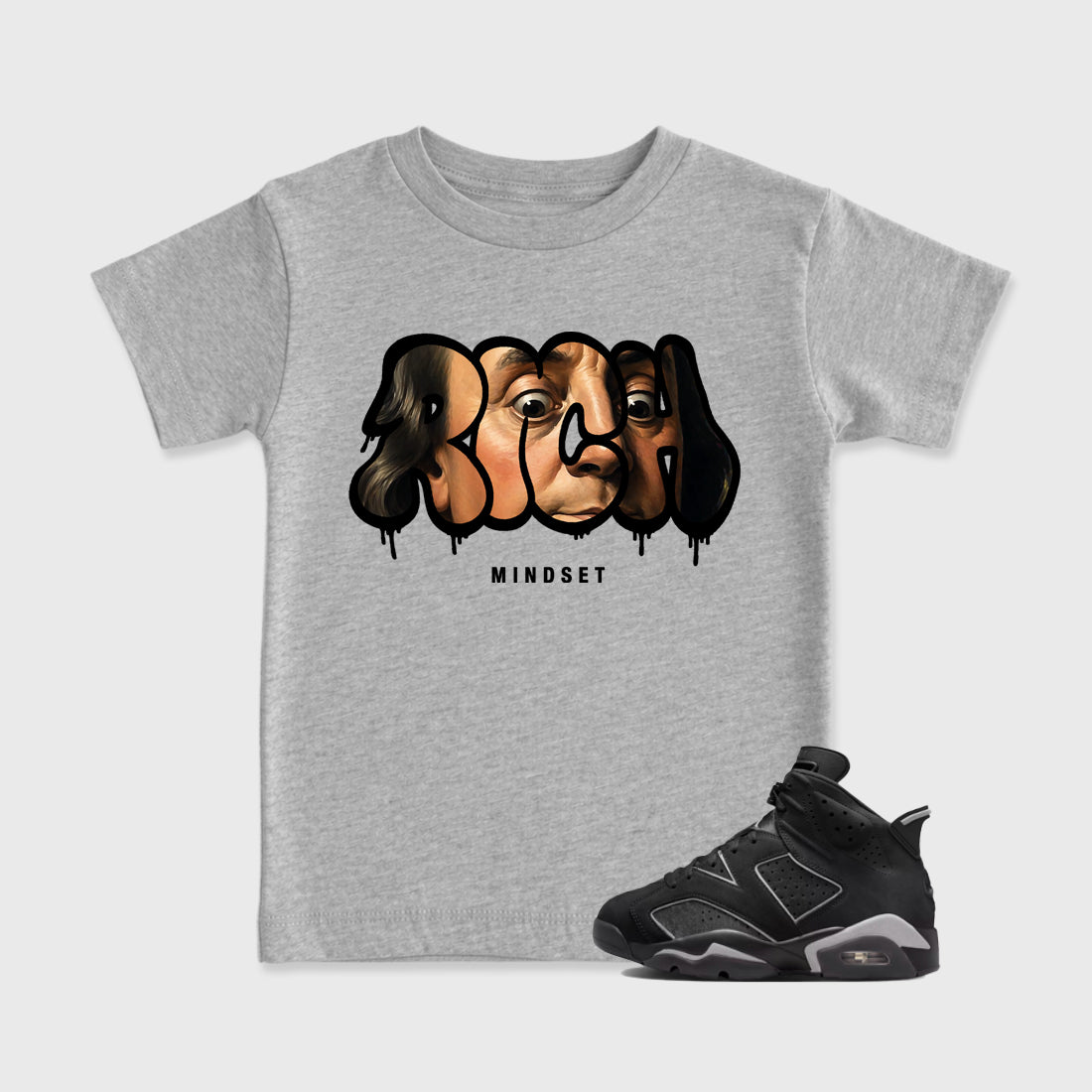 Sneaker match tees – Sneaker Tees To Match Air Jordan 6 Cap and Gown Shoes – Rich Mindset Kids T-Shirt Heather Grey 1