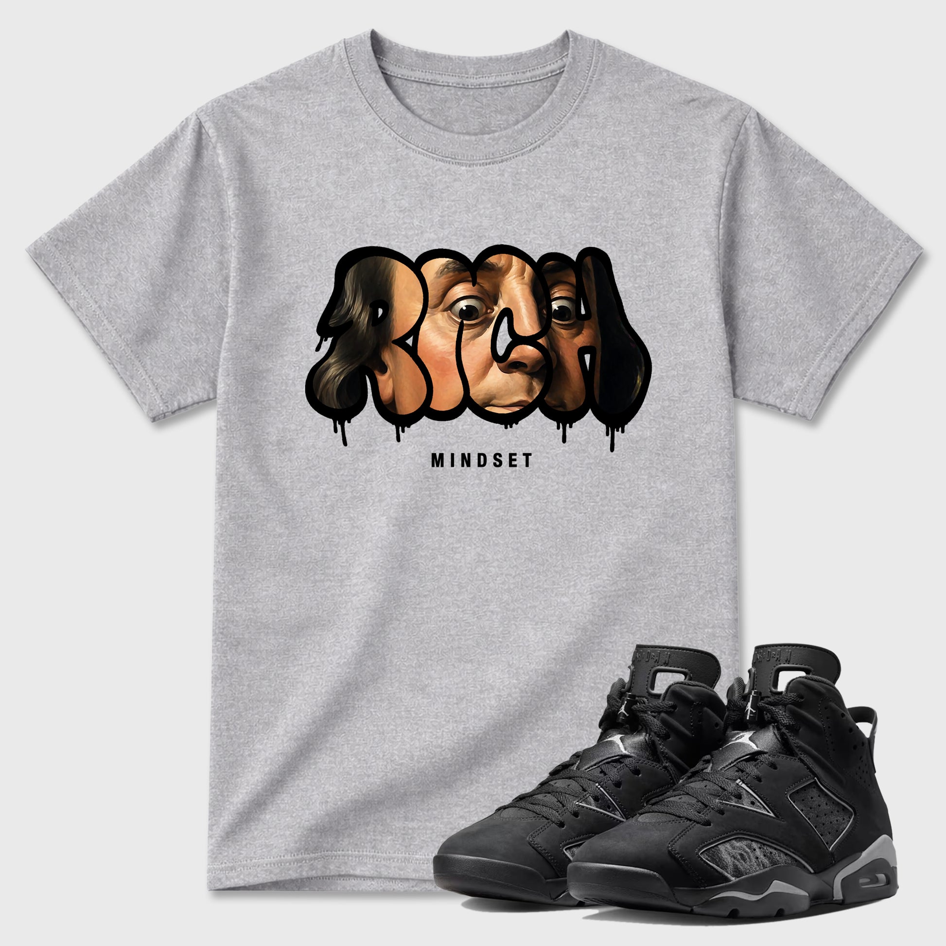 Sneaker match tees – Sneaker Tees To Match Air Jordan 6 Cap and Gown Shoes – Rich Mindset Tee Heather Grey 1