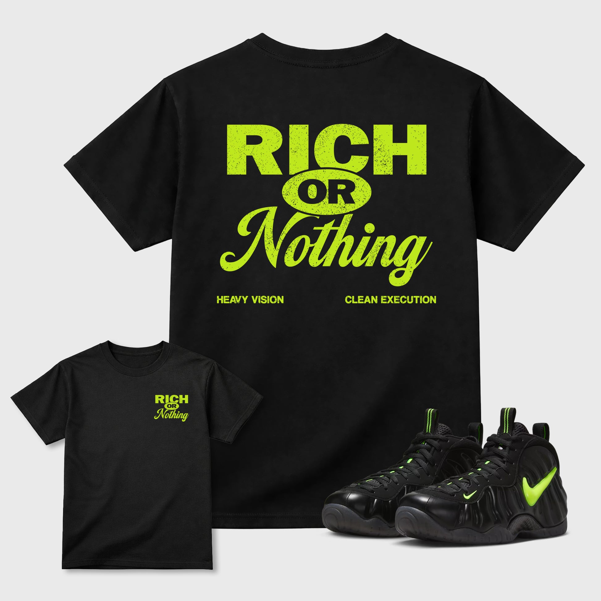 Rich Or Nothing front and back graphic tee styled to complete your fit with the Air Foamposite Pro Black sneakers, shown in Black.