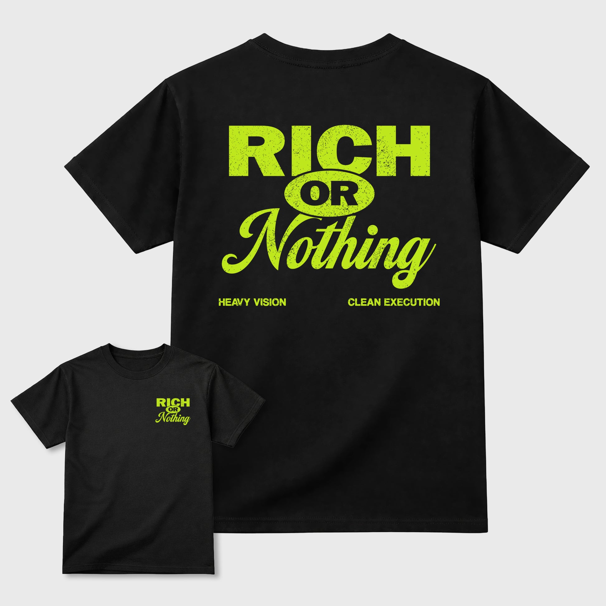 Rich Or Nothing front and back graphic tee styled to complete your fit with the Foams Pro Black Volt, shown in Black.