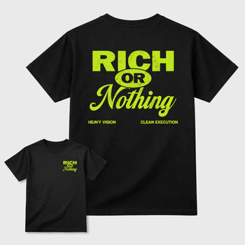Rich Or Nothing front and back graphic tee styled to complete your fit with the Foams Pro Black Volt, shown in Black.
