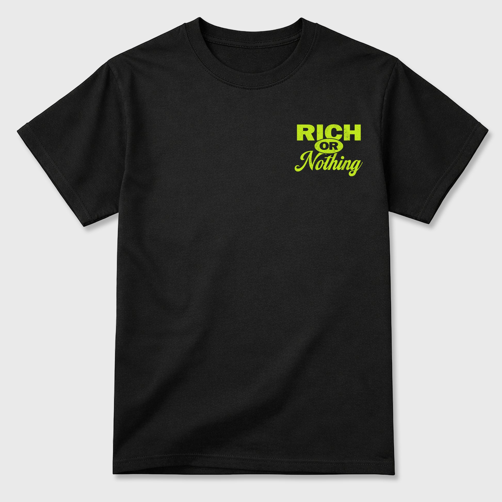 Rich Or Nothing front and back graphic tee styled to complete your fit with the Foams Pro Black Volt, shown in Black.