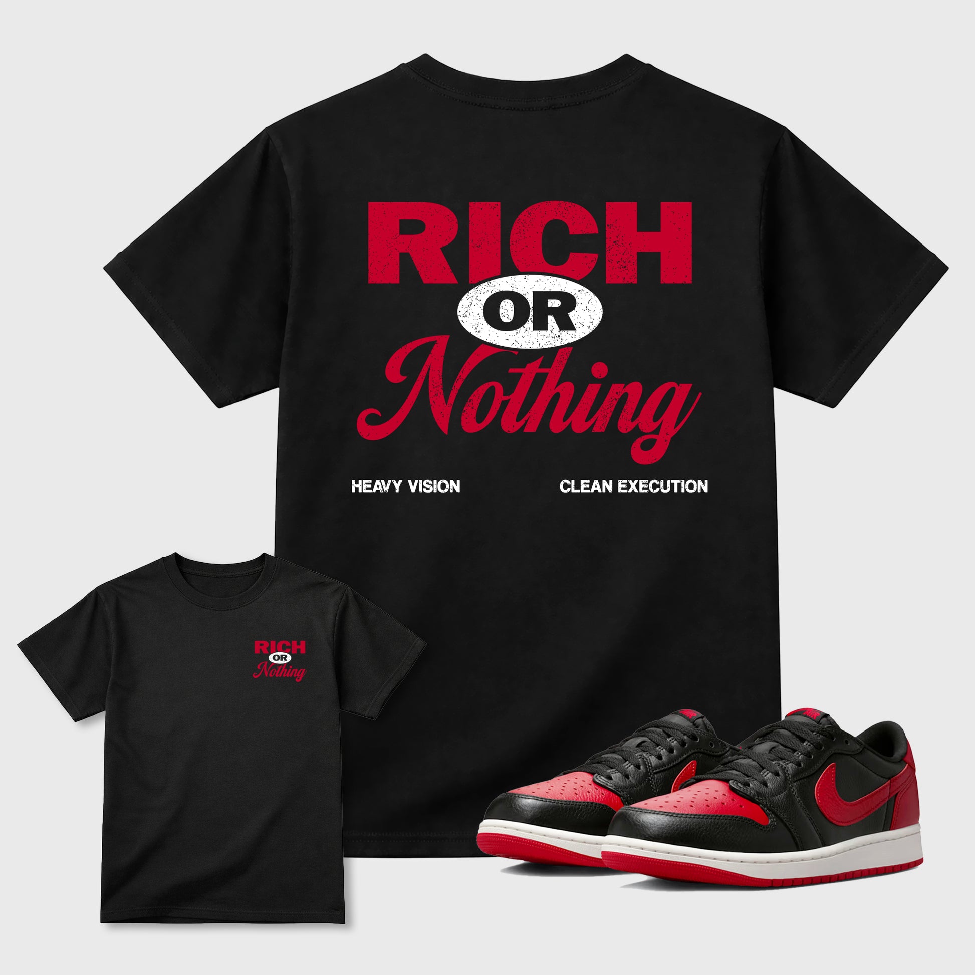 Rich Or Nothing graphic t-shirt styled to complete your sneaker outfit with the Air Jordan 1 Banned sneakers, shown in Black.