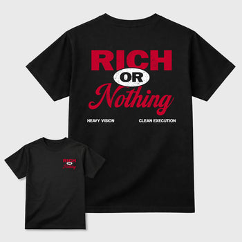 Rich Or Nothing graphic t-shirt styled to complete your sneaker outfit with the 1s Low OG Banned, shown in Black.