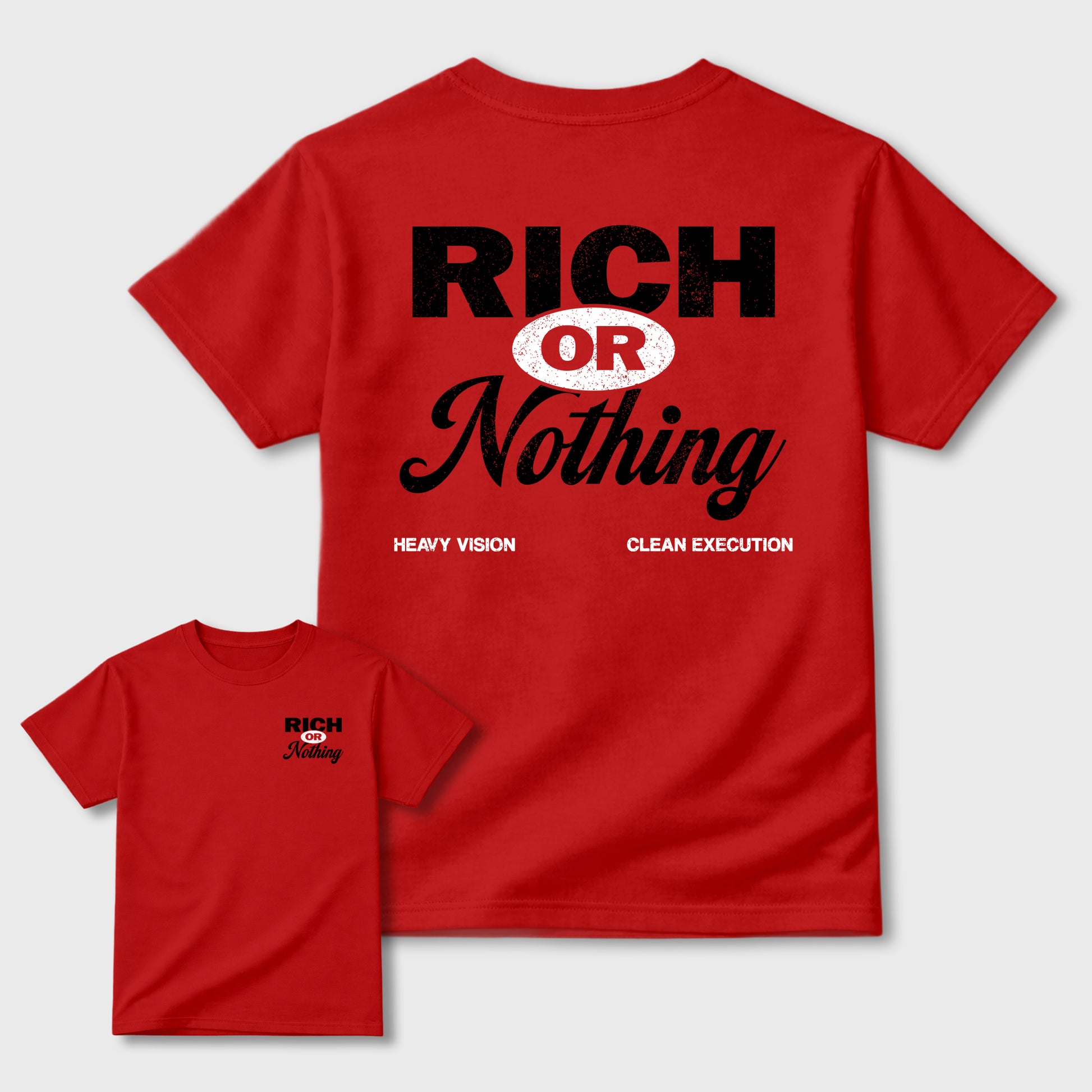 Rich Or Nothing graphic t-shirt styled to complete your sneaker outfit with the 1s Low OG Banned, shown in Red.