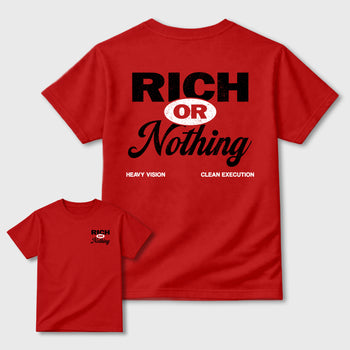Rich Or Nothing graphic t-shirt styled to complete your sneaker outfit with the 1s Low OG Banned, shown in Red.