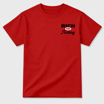 Rich Or Nothing graphic t-shirt styled to complete your sneaker outfit with the 1s Low OG Banned, shown in Red.