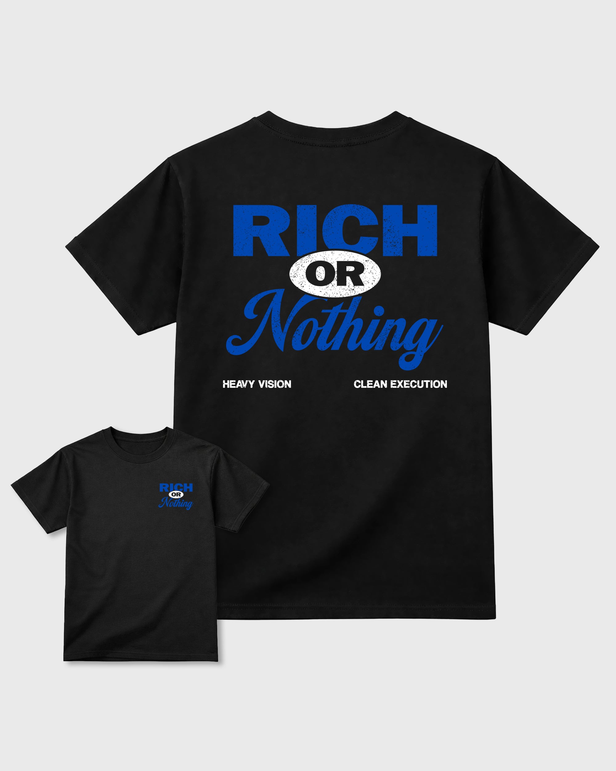 Rich Or Nothing Black Graphic Tees - 3, sneaker matching shirt designed to pair with Air Jordan 1 Royal sneakers for a coordinated streetwear outfit.