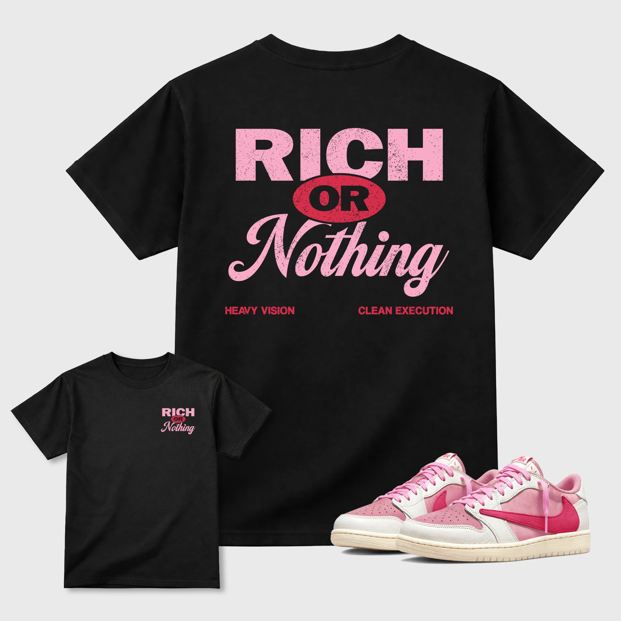 Rich Or Nothing graphic t-shirt styled to complete your sneaker outfit with the Air Jordan 1 Low x Travis Scott Tropical Pink, shown in Black.