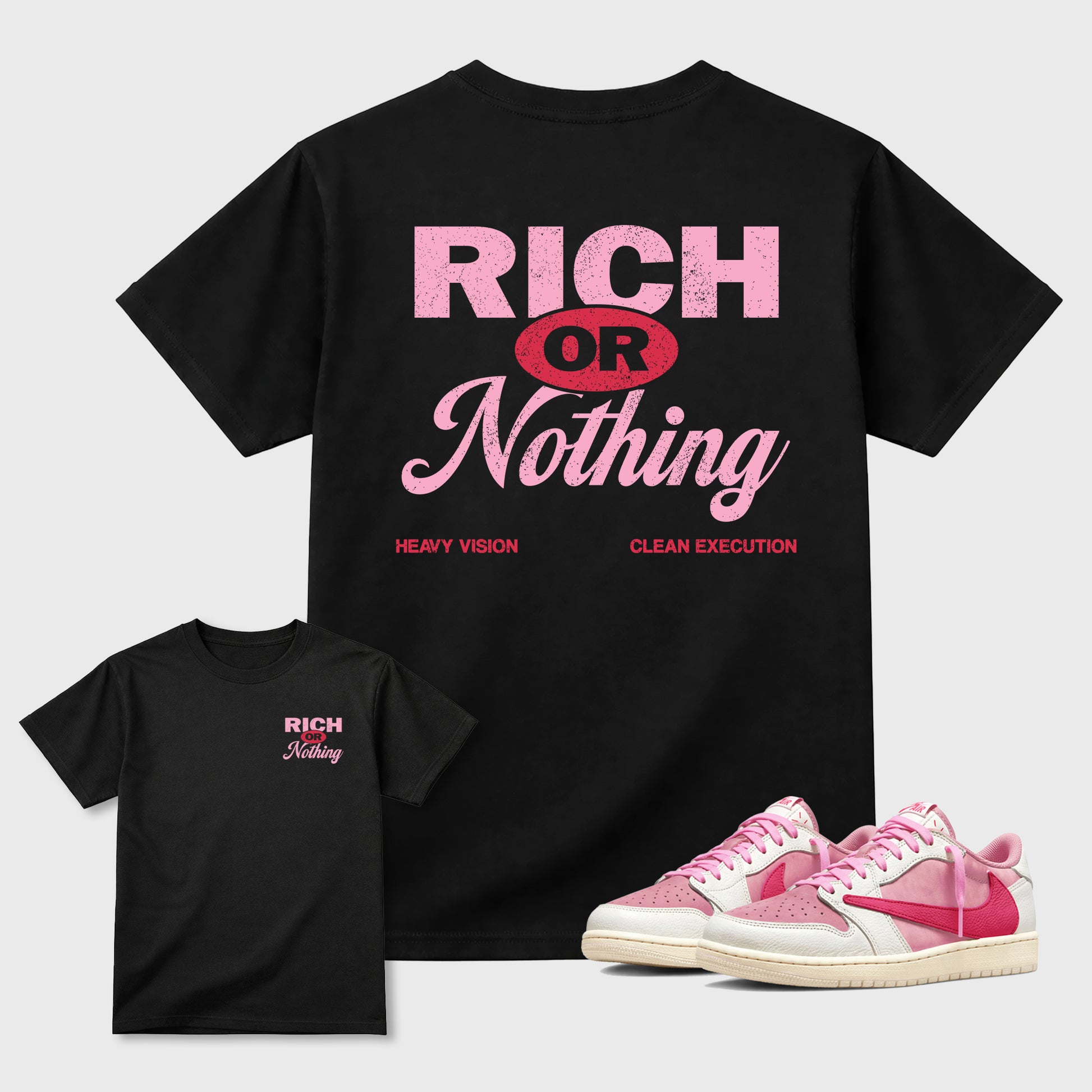 Rich Or Nothing graphic t-shirt styled to complete your sneaker outfit with the Air Jordan 1 Low x Travis Scott Tropical Pink, shown in Black.
