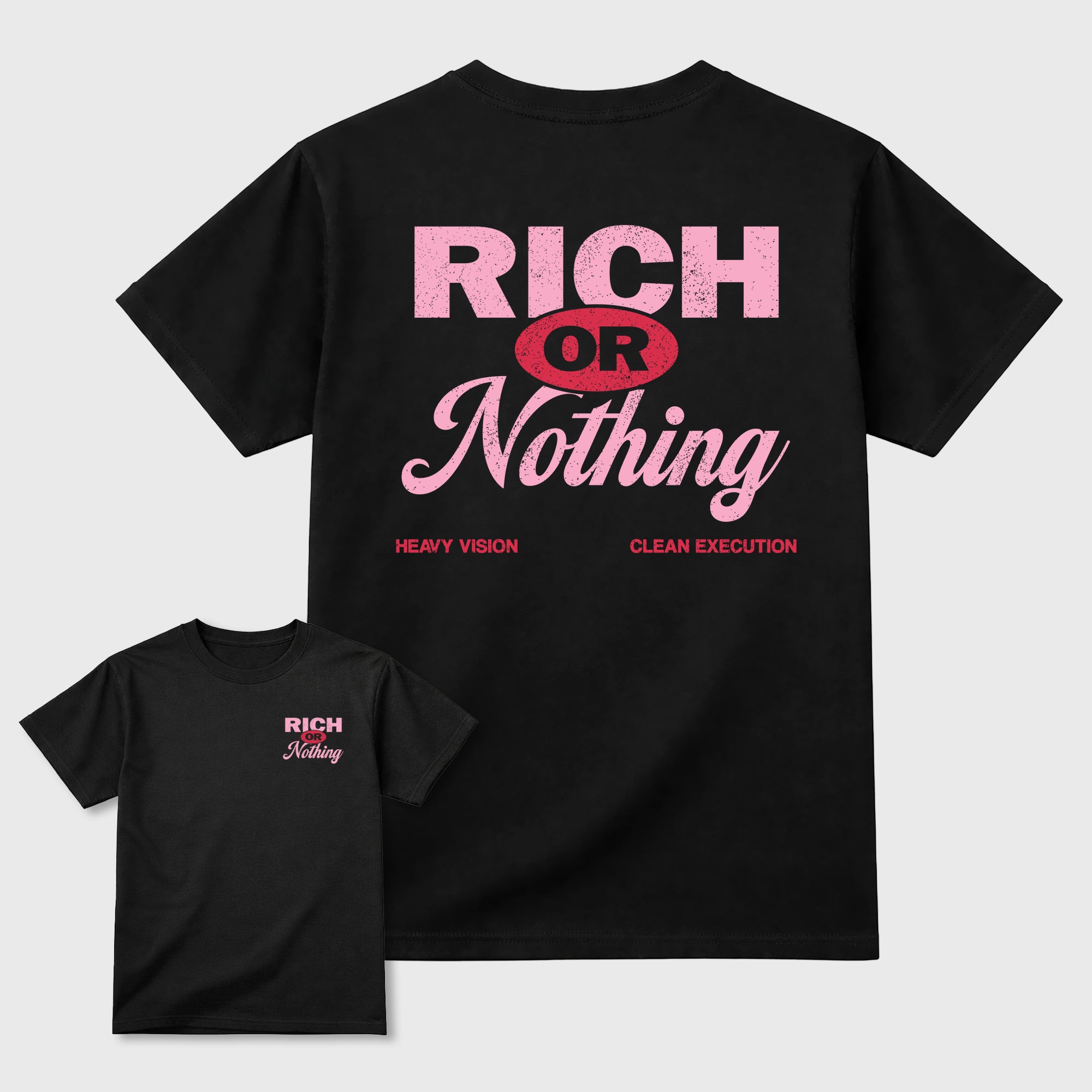 Rich Or Nothing graphic t-shirt styled to complete your sneaker outfit with the Air Jordan 1 Low x Travis Scott Tropical Pink, shown in Black.