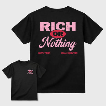 Rich Or Nothing graphic t-shirt styled to complete your sneaker outfit with the Air Jordan 1 Low x Travis Scott Tropical Pink, shown in Black.