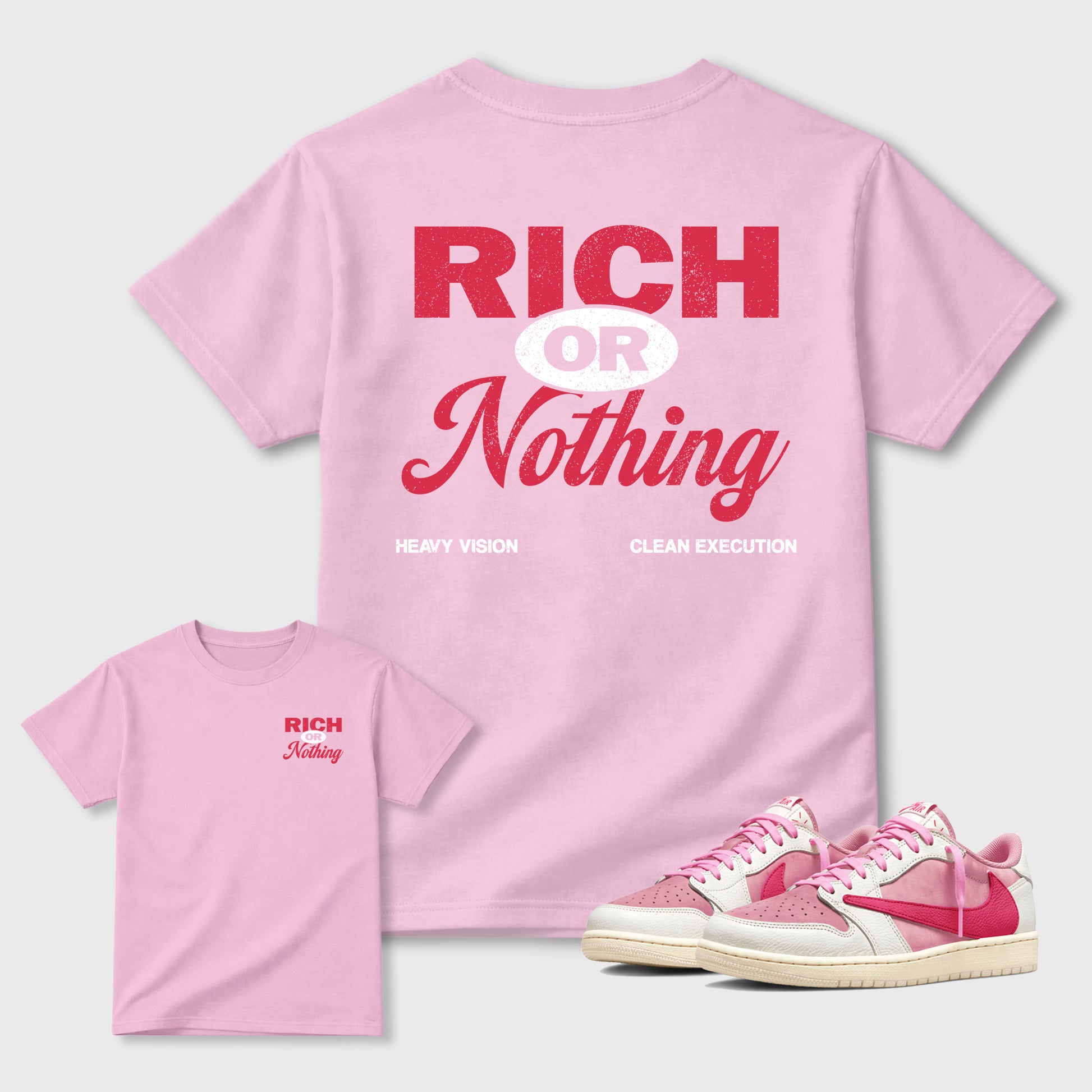 Rich Or Nothing graphic t-shirt styled to complete your sneaker outfit with the Air Jordan 1 Low x Travis Scott Tropical Pink, shown in Pink.