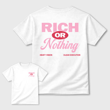 Rich Or Nothing graphic t-shirt styled to complete your sneaker outfit with the Air Jordan 1 Low x Travis Scott Tropical Pink, shown in White.
