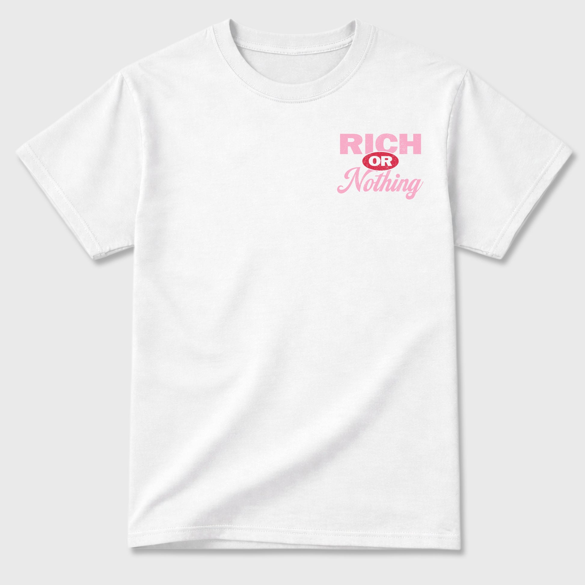 Rich Or Nothing graphic t-shirt styled to complete your sneaker outfit with the Air Jordan 1 Low x Travis Scott Tropical Pink, shown in White.