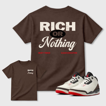 Rich Or Nothing double side graphic tee styled to complete your fit with the AJ3 World's Best Dad, shown in Dark Chocolate.