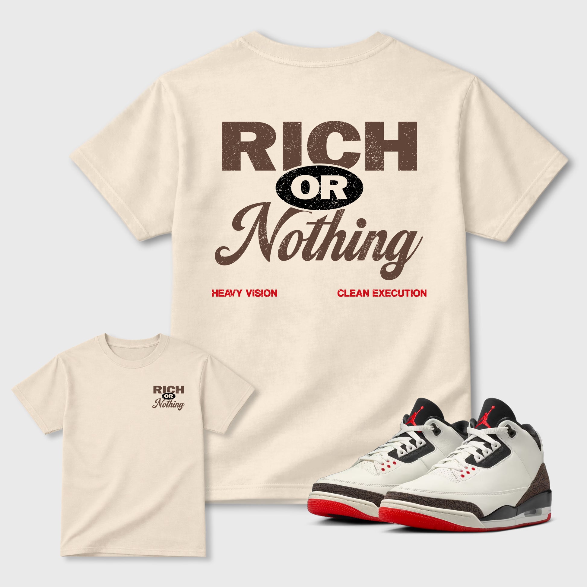 Rich Or Nothing double side graphic tee styled to complete your fit with the Air Jordan 3 World's Best Dad sneakers, shown in Natural.