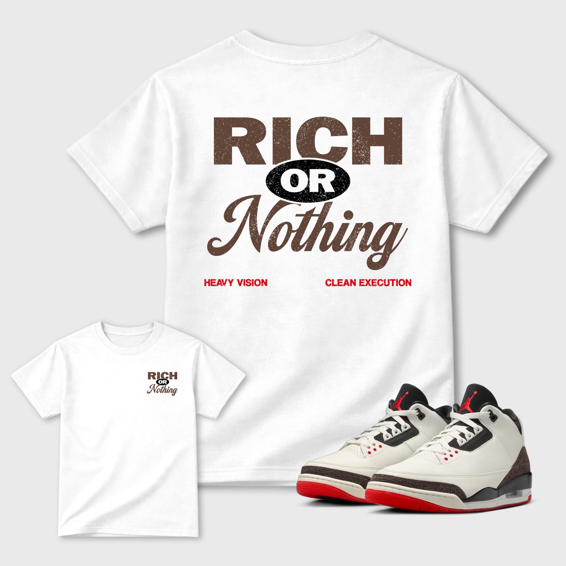 Rich Or Nothing double side graphic tee styled to complete your fit with the AJ3 World's Best Dad, shown in White.
