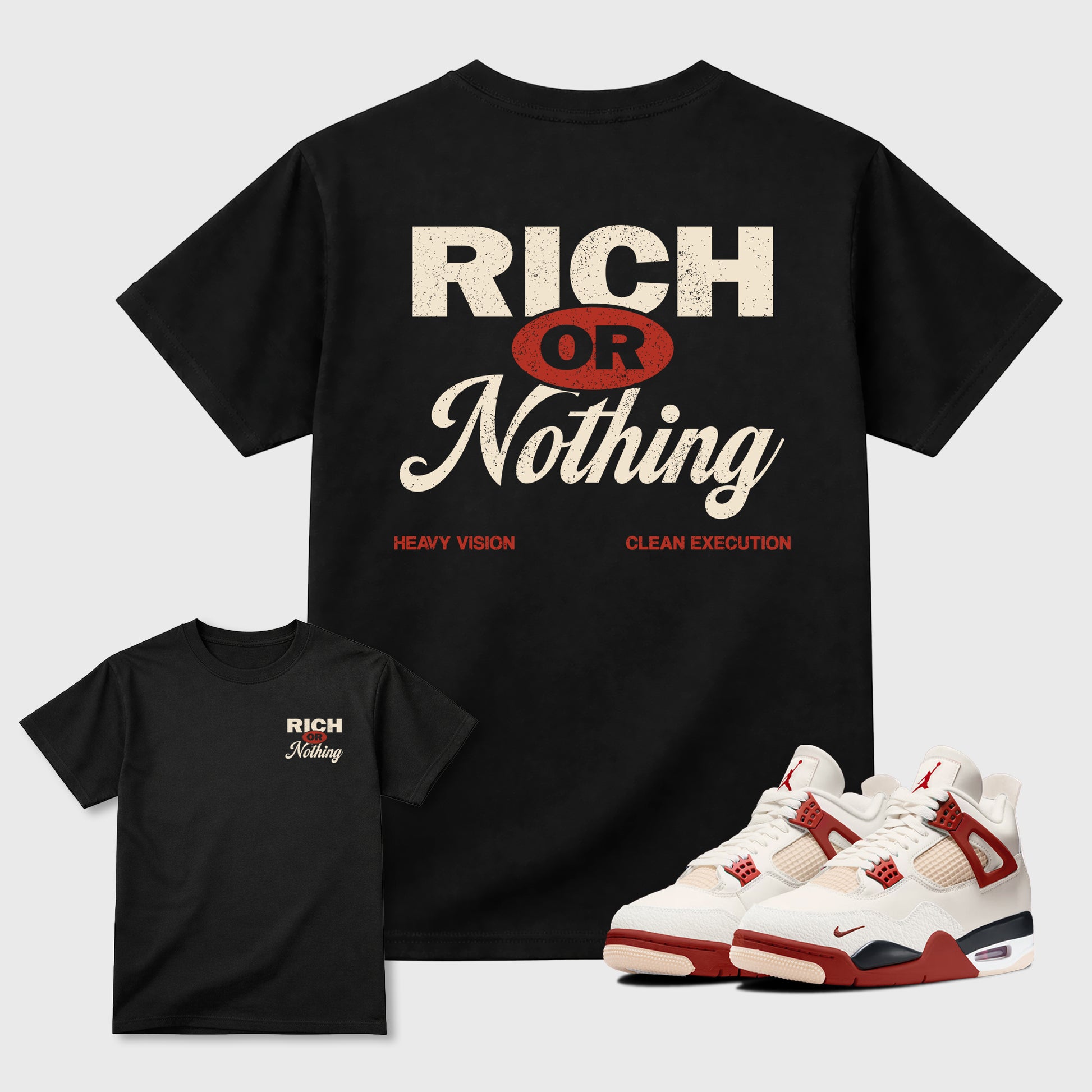 Rich Or Nothing graphic t-shirt, Double side styled graphic shirts to complete your fit with the 4s Brick After Brick sneakers, shown in Black.