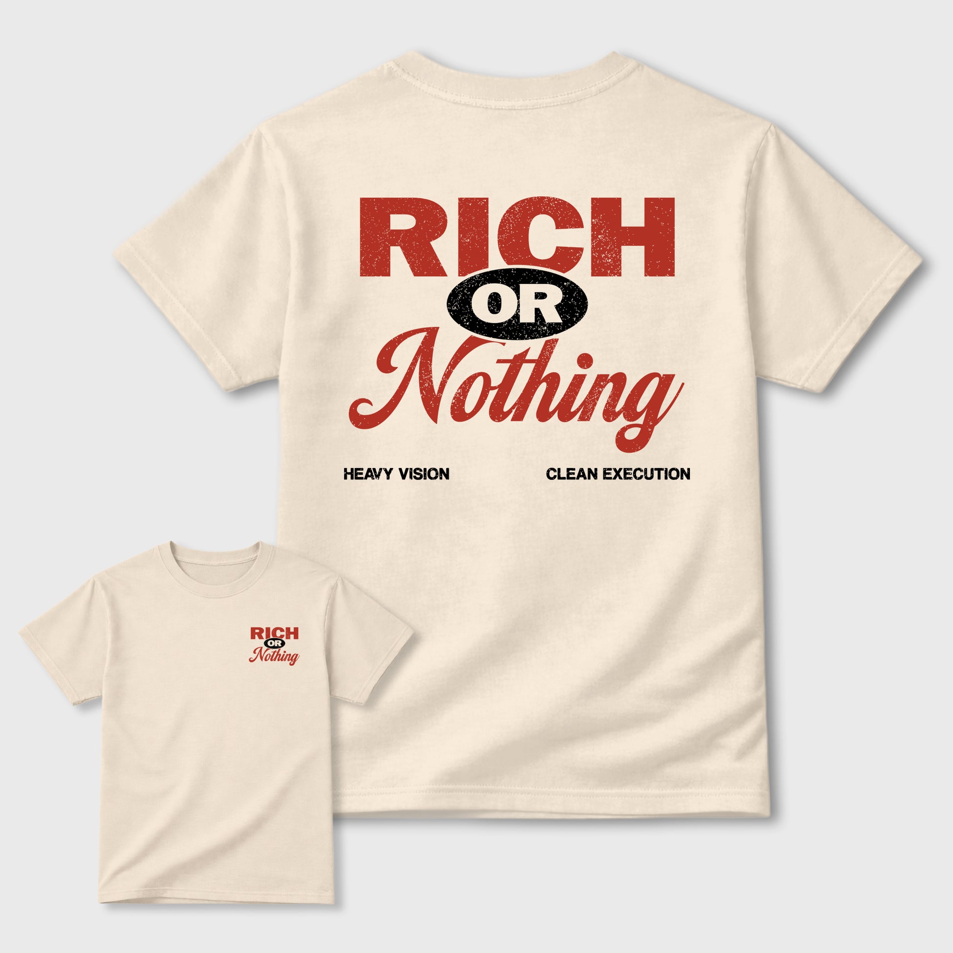 Rich Or Nothing graphic t-shirt, Double side styled graphic shirts to complete your fit with the 4s Brick After Brick sneakers, shown in Natural.