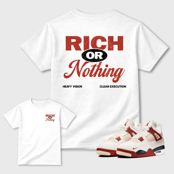 Rich Or Nothing graphic t-shirt, Double side styled graphic shirts to complete your fit with the 4s Brick After Brick sneakers, shown in White.