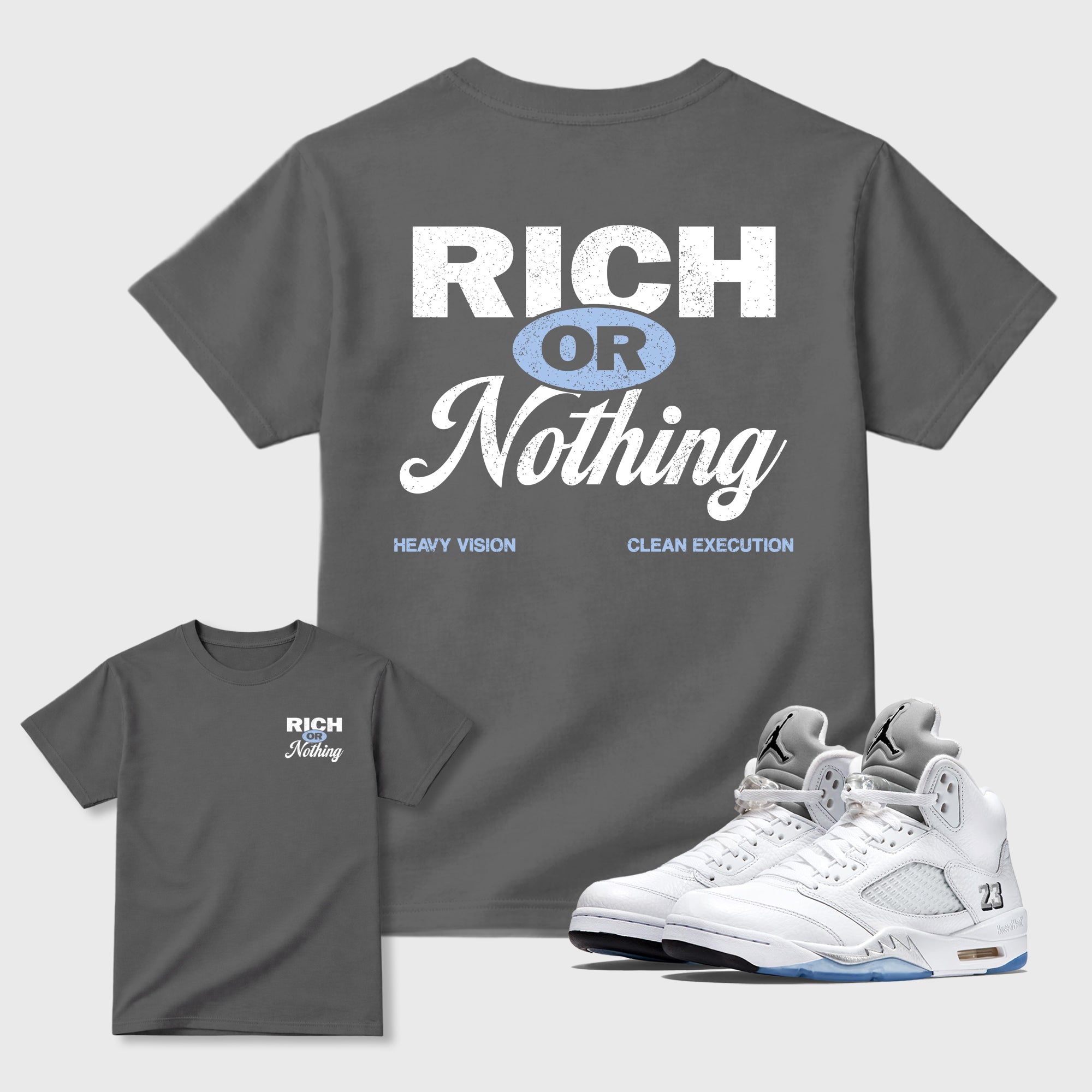 Rich Or Nothing graphic t-shirt, Double side styled graphic shirts to complete your fit with the 4s Brick After Brick sneakers, shown in Cool Grey.