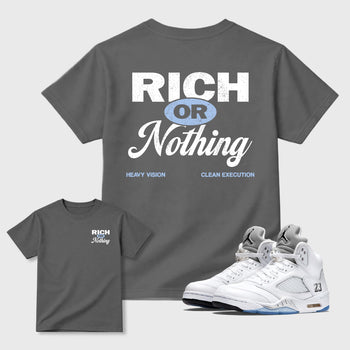 Rich Or Nothing graphic t-shirt, Double side styled graphic shirts to complete your fit with the 4s Brick After Brick sneakers, shown in Cool Grey.