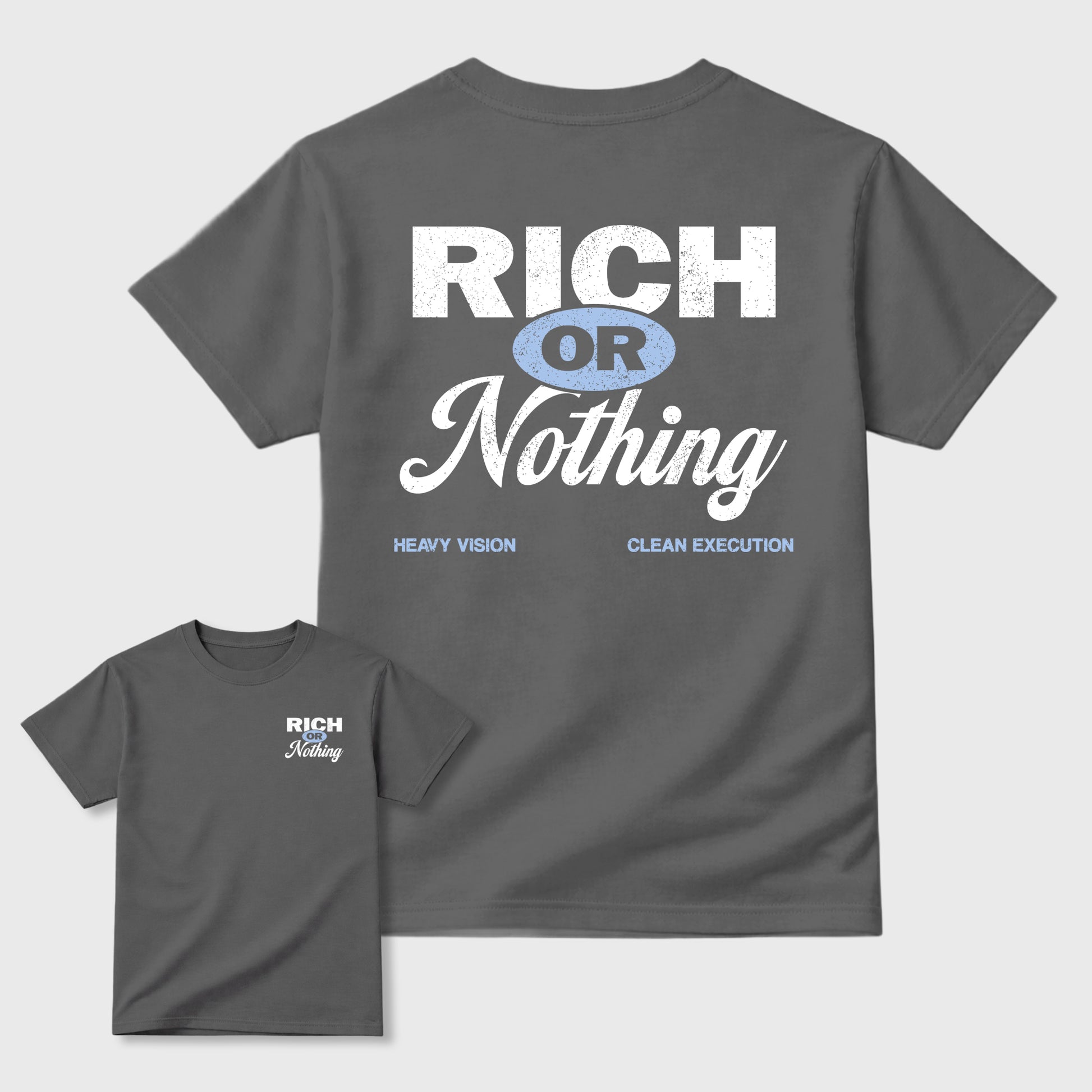 Rich Or Nothing graphic t-shirt, Double side styled graphic shirts to complete your fit with the 4s Brick After Brick sneakers, shown in Cool Grey.