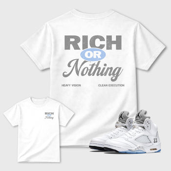 Rich Or Nothing graphic t-shirt, Double side styled graphic shirts to complete your fit with the Air Jordan 4 Brick After Brick sneakers, shown in White.