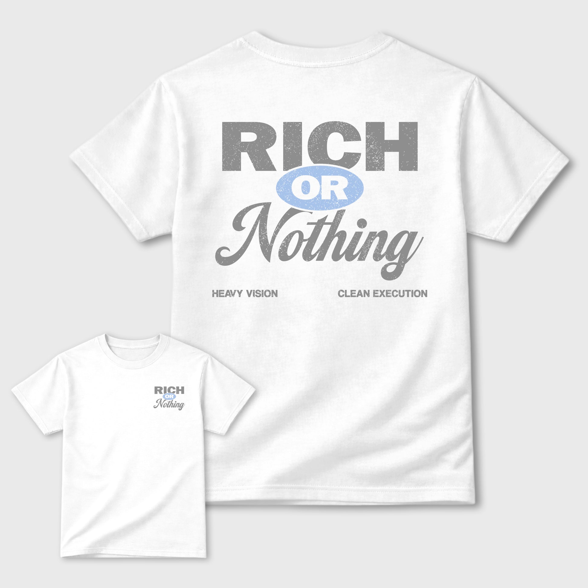 Rich Or Nothing graphic t-shirt, Double side styled graphic shirts to complete your fit with the 4s Brick After Brick sneakers, shown in White.