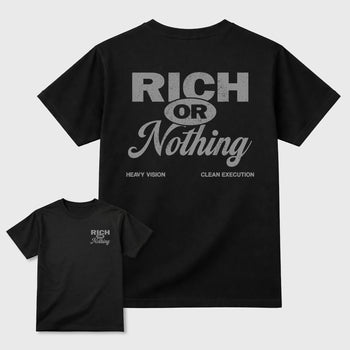 Rich Or Nothing graphic t-shirt styled to complete your sneaker outfit with the 6s Cap&Gown, shown in Black.