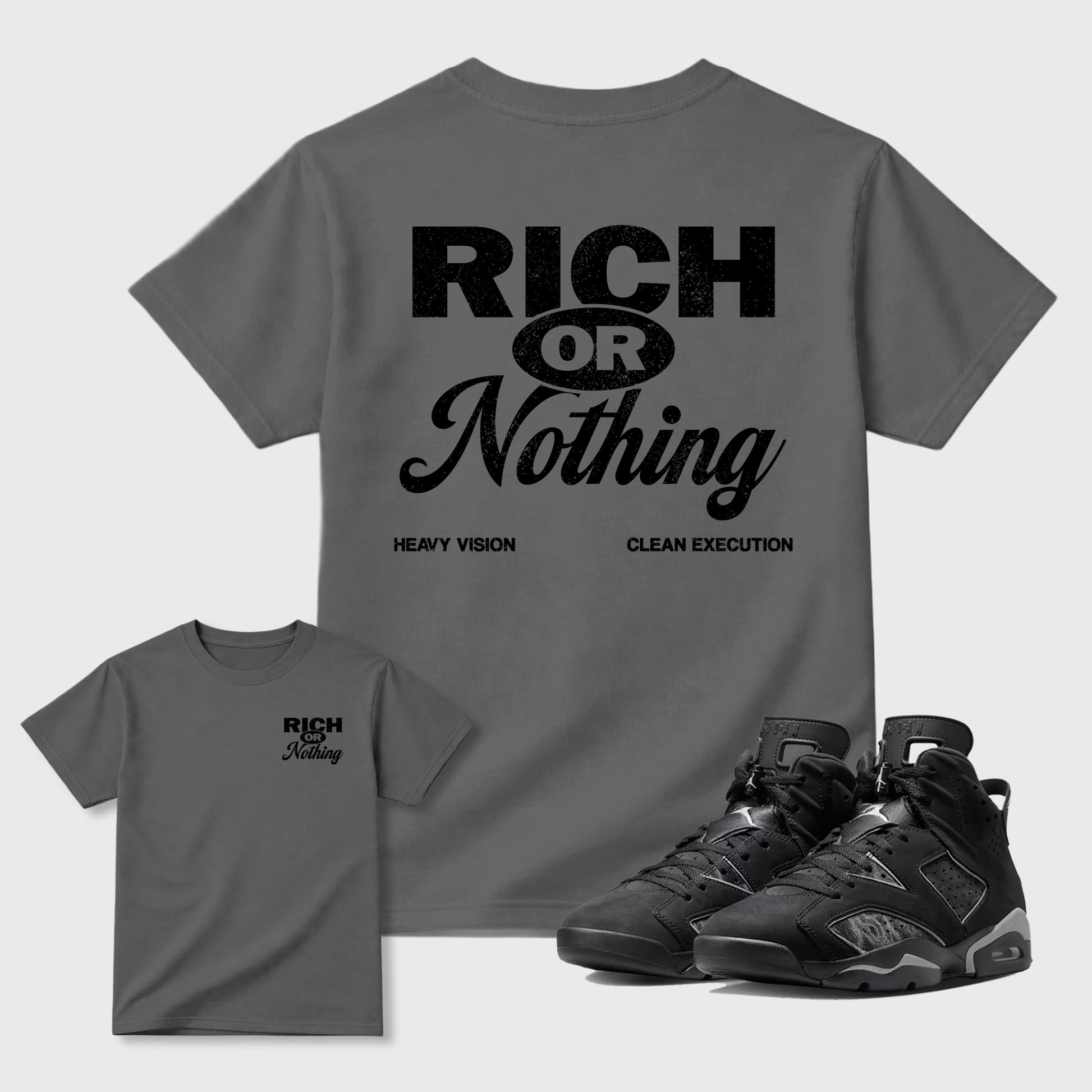 Rich Or Nothing graphic t-shirt styled to complete your sneaker outfit with the Air Jordan 6 Cap and Gown sneakers, shown in Cool Grey.