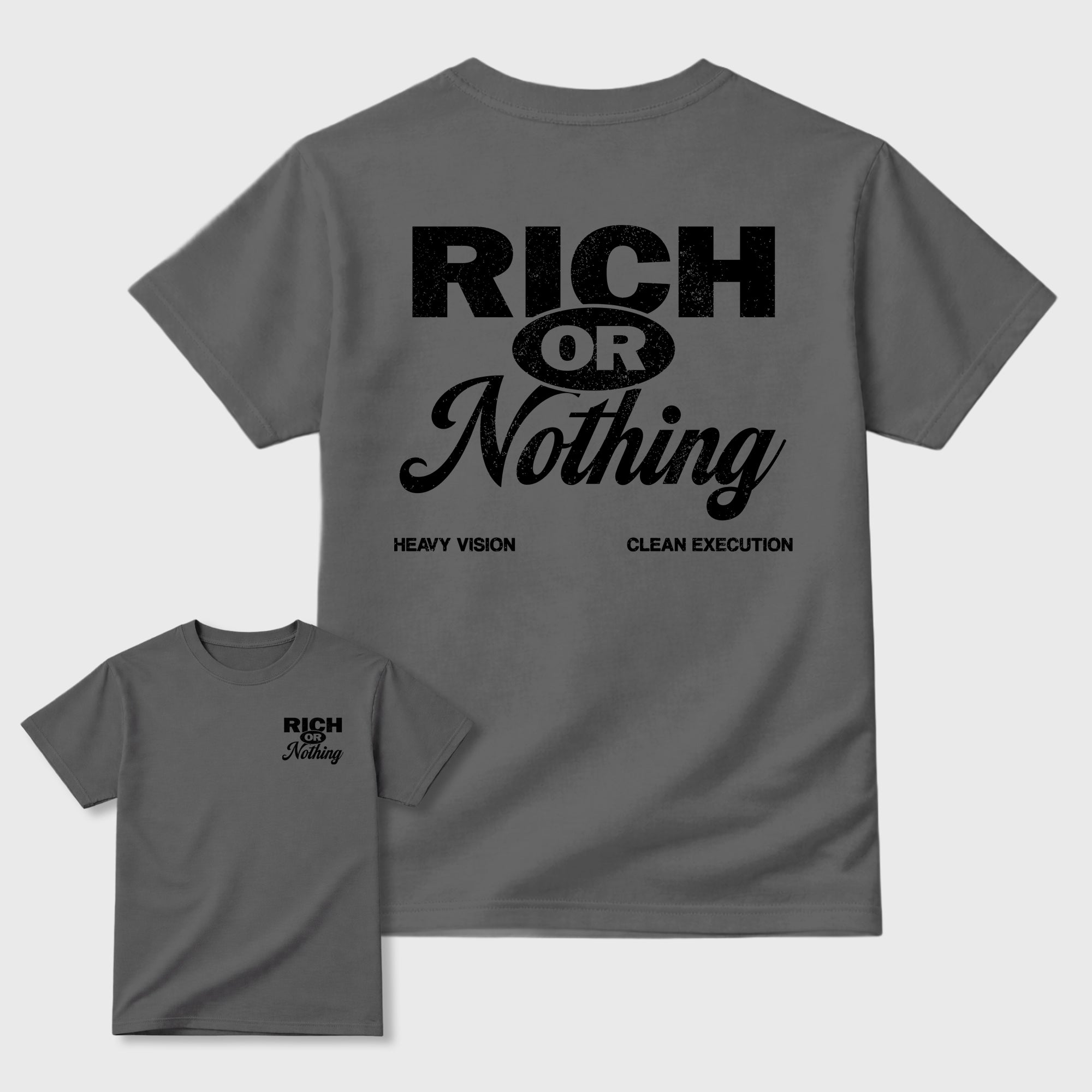 Rich Or Nothing graphic t-shirt styled to complete your sneaker outfit with the 6s Cap&Gown, shown in Cool Grey.