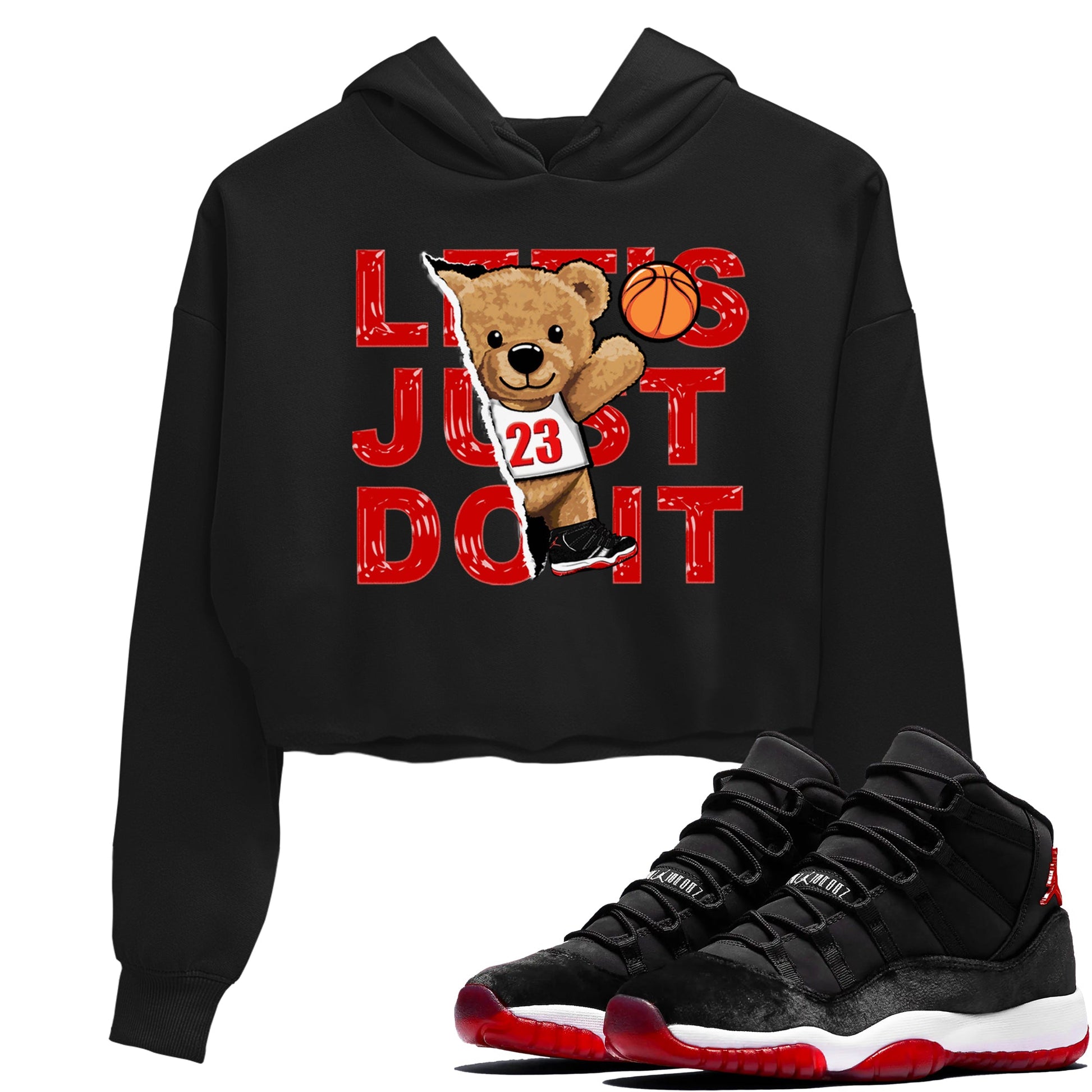 11s Bred Velvet shirts to match jordans Rip Out Bear sneaker match tees Air Jordan 11 Retro Bred Velvet match shoes to clothes SNRT Sneaker Tees unisex cotton Black 1 crop tee