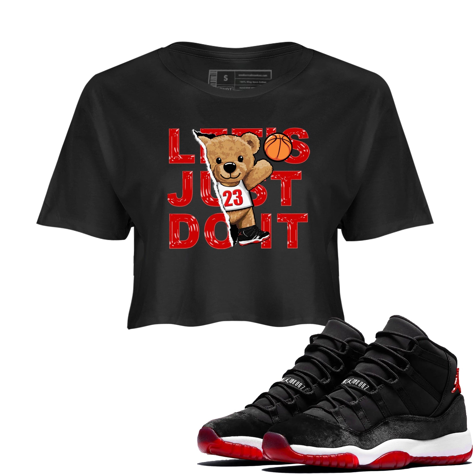 11s Bred Velvet shirts to match jordans Rip Out Bear sneaker match tees Air Jordan 11 Retro Bred Velvet match shoes to clothes SNRT Sneaker Tees unisex cotton Black 1 crop tee