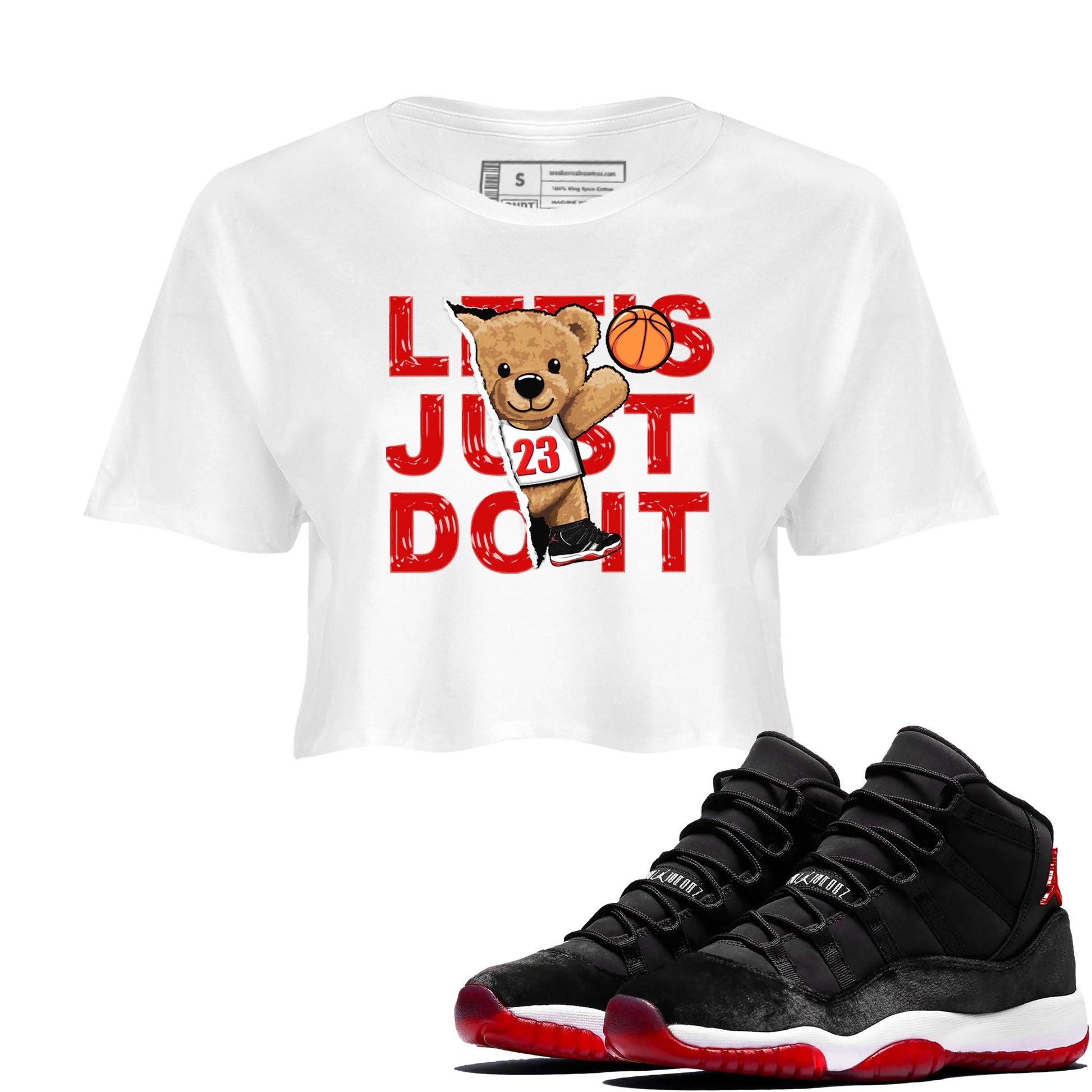 11s Bred Velvet shirts to match jordans Rip Out Bear sneaker match tees Air Jordan 11 Retro Bred Velvet match shoes to clothes SNRT Sneaker Tees unisex cotton White 1 crop tee