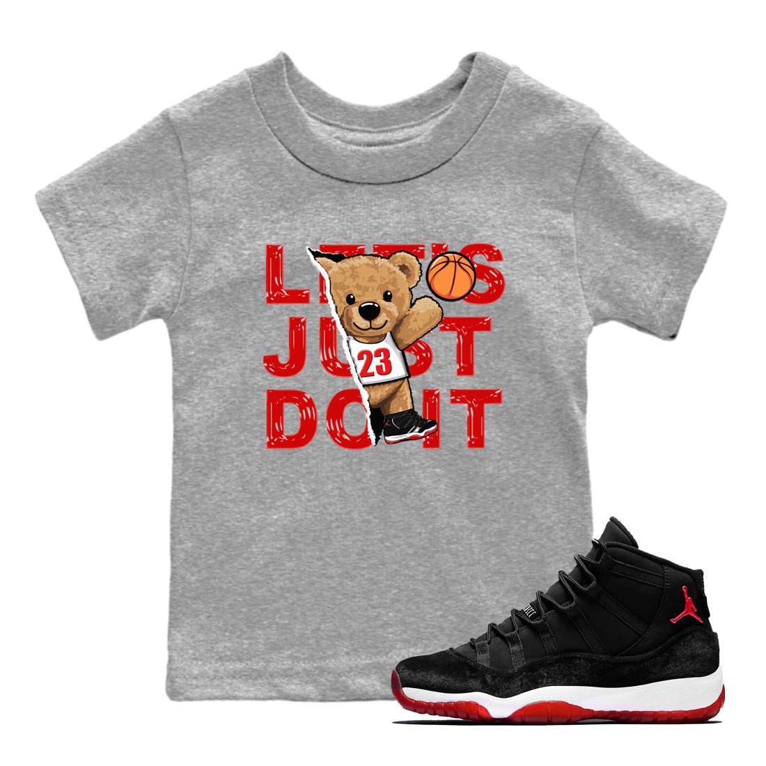 11s Bred Velvet shirts to match jordans Rip Out Bear sneaker match tees Air Jordan 11 Retro Bred Velvet match shoes to clothes SNRT Sneaker Tees Youth Baby Heather Grey 1 tee
