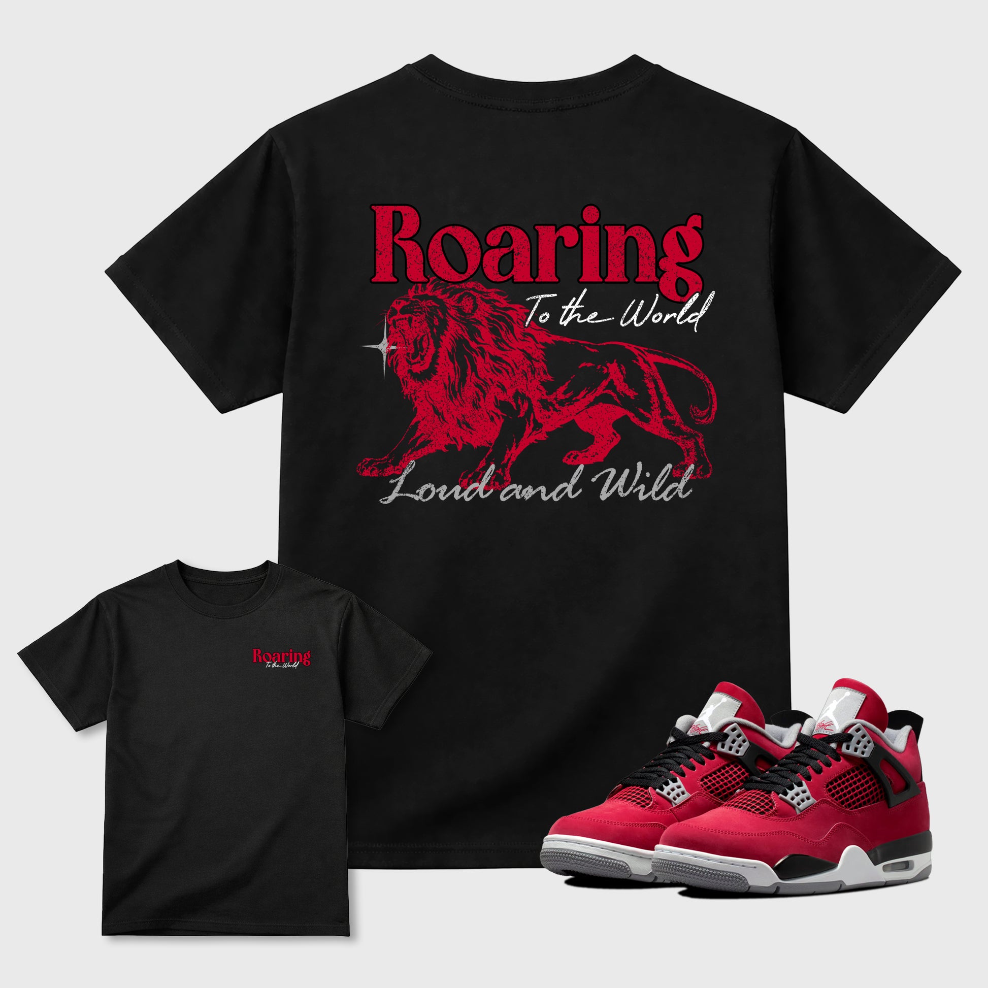 Roaring To the World sneaker match t-shirt styled to complete your sneaker outfitwith the AJ4 Toro Bravo, shown in Black.